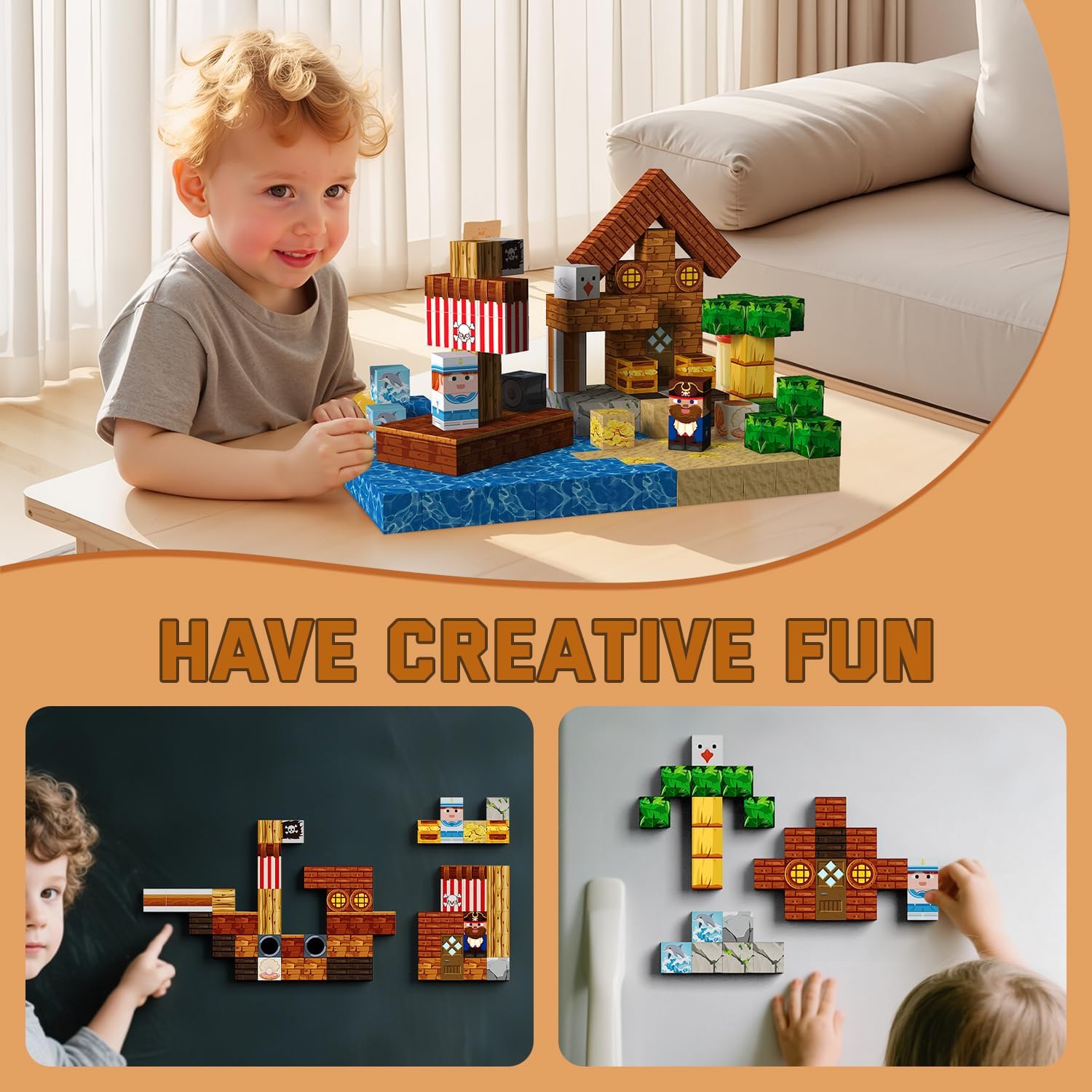 Magnetic Blocks 100PCS Pirate Ship | STEM Educational Building Toys for Kids Age 3+, Creative Stacking Construction Set with 0.8in Magnet Cubes, Birthday Gift for Boys & Girls