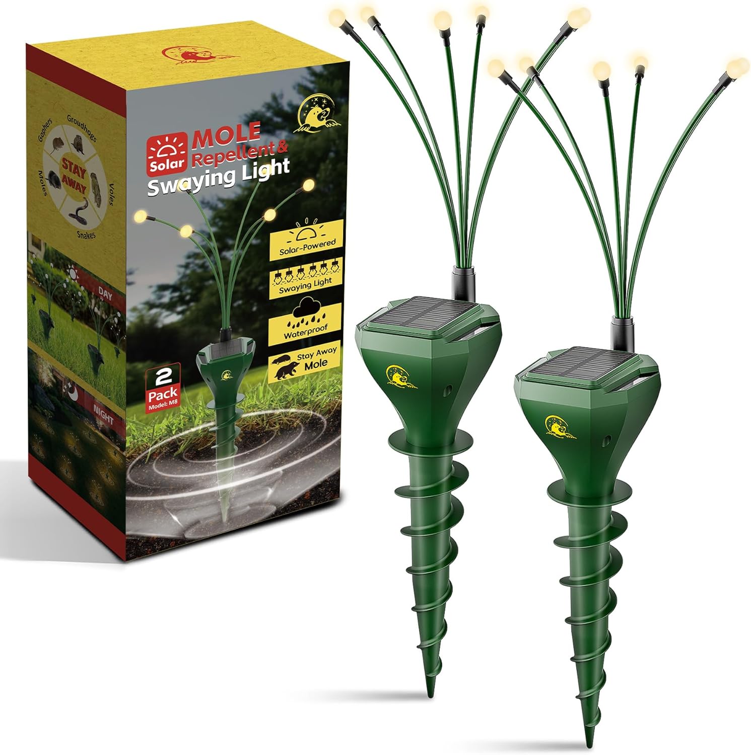4 Pack Mole Repellent Solar Powered with Swaying Lights, Vibrating Solar Mole Repellent Stakes for Voles, Groundhogs, Snakes & Gophers, IP65 Waterproof Mole Deterrent for Yard, Farm, Lawn & Garden