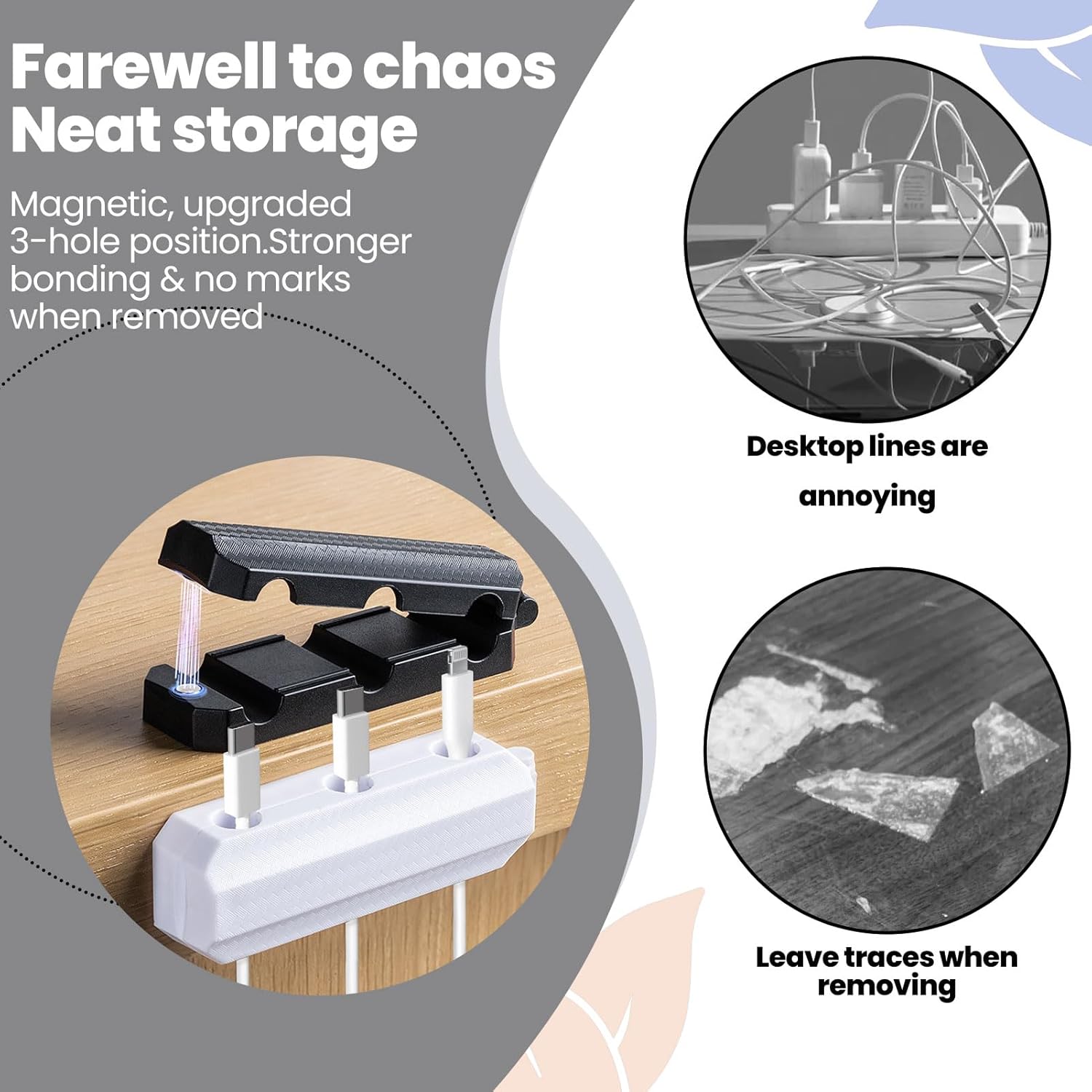 6-Pack Magnetic Cable Organizers, Cord Holders with Strong Adhesive, Wire Clips for Desk, Nightstand, Office, Home, Car (3Pcs White, 3Pcs Black)