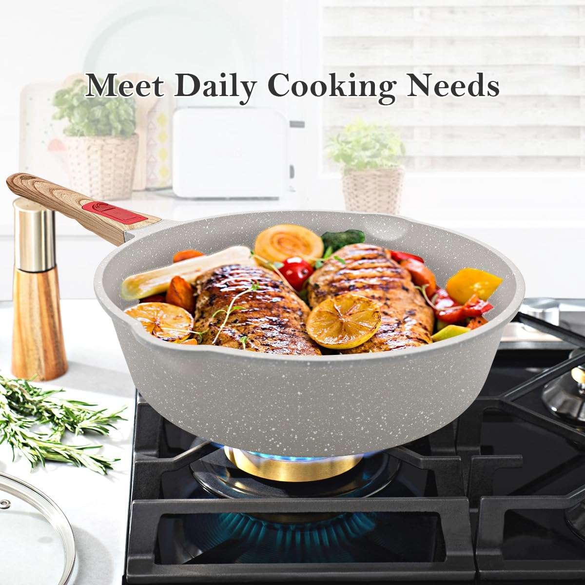 12-Inch Non Stick Deep Frying Pan Skillet with Steamer, 5 QT Nonstick Saute Pan with Lid & Detachable Handle, Induction Cooking Pan, Compatible with All Cooktops, Oven Safe, PFOA Free, White