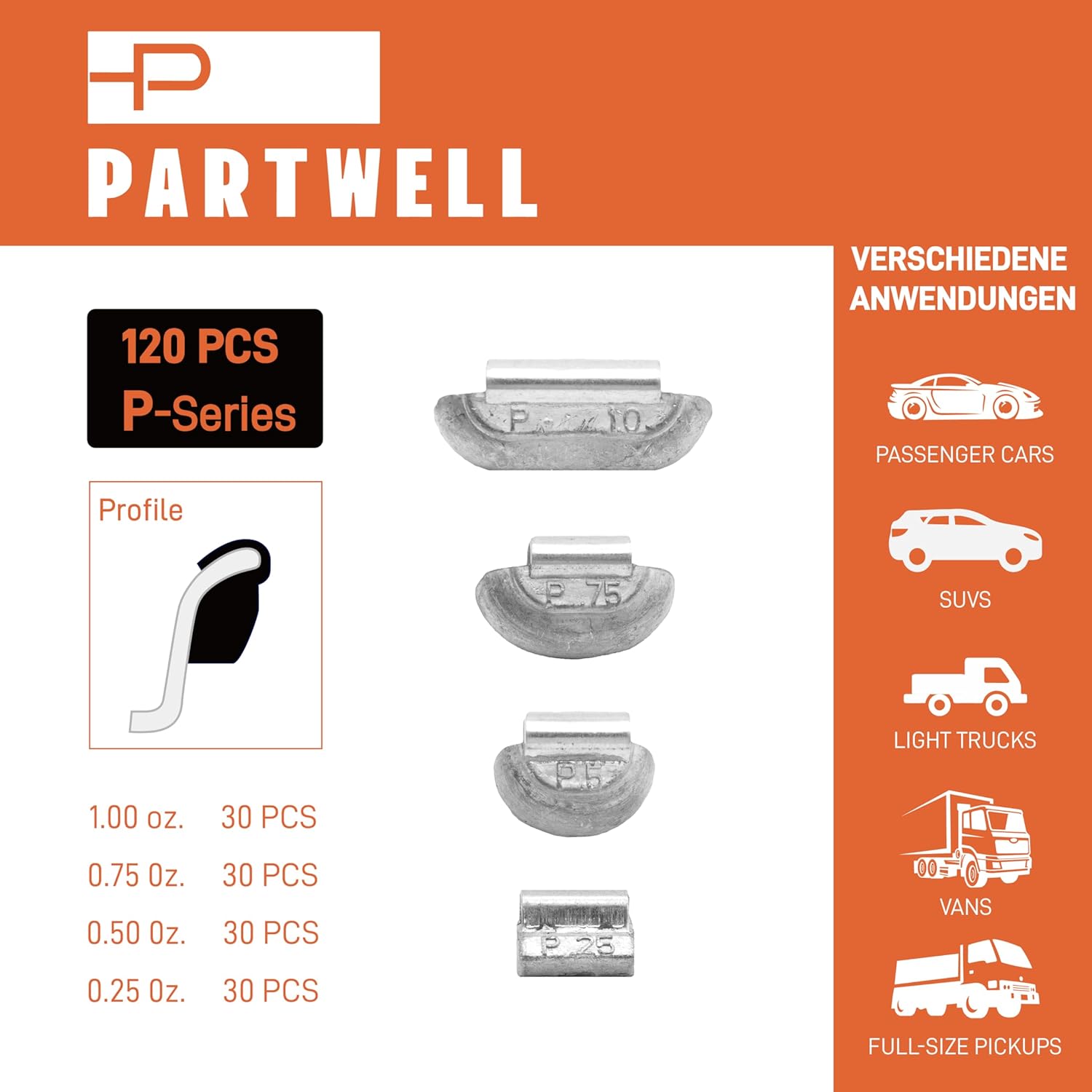 Wheel Weights Lead Clip on Tire Weights, P-Series 0.25-1.00 oz, 30 Pcs Each Weight,Total 120 Pcs/Box, Accurate Tolerances, Suitable for Full-Size Pickups, SUVs, Vans, and Passenger Cars