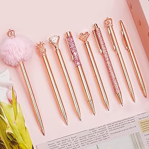 WEMATE 8Pcs Ballpoint Pens Set,Ballpoint Pen Bling for Women,Girly Pens,Black &amp; Blue Ink Ball Point Pen Gifts for Wedding Bridesmaid Office (Rose Gold)