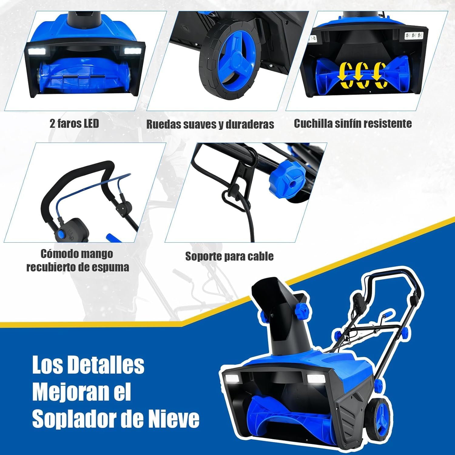 GOPLUS Quitanieves Eléctrico 2300W, Lanzador de Nieve 3000RPM con Faros LED, Ancho Trabajo 50CM y Profundidad 25CM, Giratorio 180°, Distancia de Lanzamiento 9M, Lanzanieves con Ruedas y Cable (Azul)