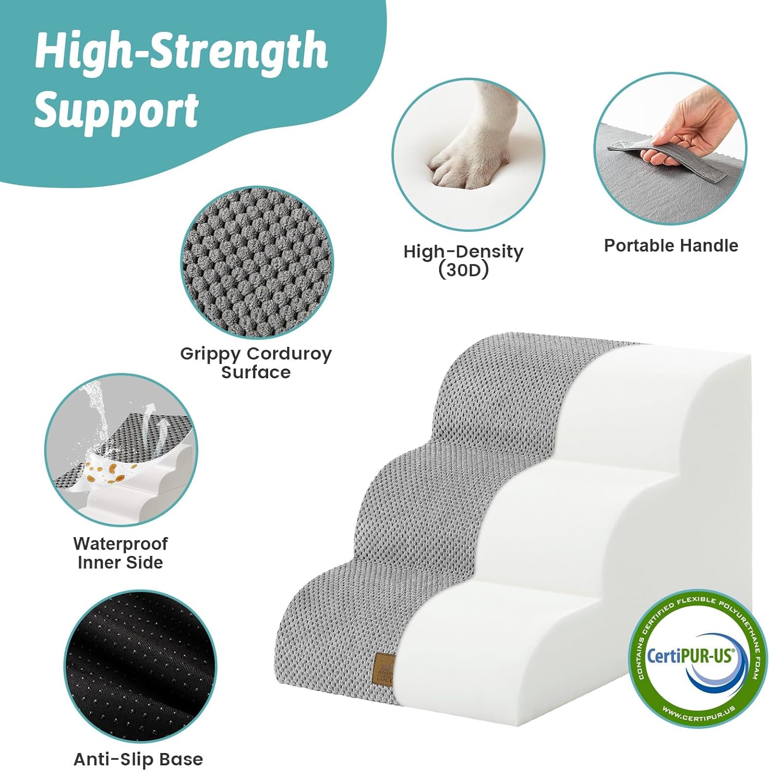 Dog Stairs for Small Dogs 13" H, 3-Step Slope Curved Dog Steps for Couch, Chair or Bed, Sturdy Pet Stairs for Puppy, Older Cat, Cat Ladder with High Density Foam, 15.7x20x13 inch, Gray