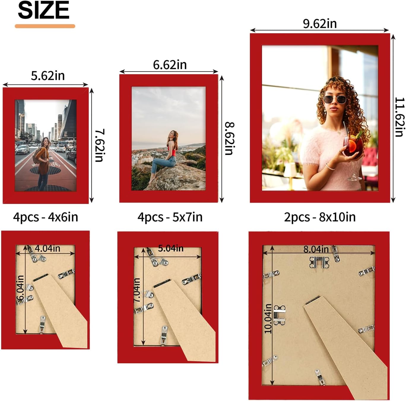 iRahmen Collage Picture Frames Set of 10, Wall Decor for Mounting or Tabletop Display, Family Photo Gallery Frame Set - Multi Sizes Including Two 8x10, Four 5x7, Four 4x6, HD Glass, Wooden, Christmas Red
