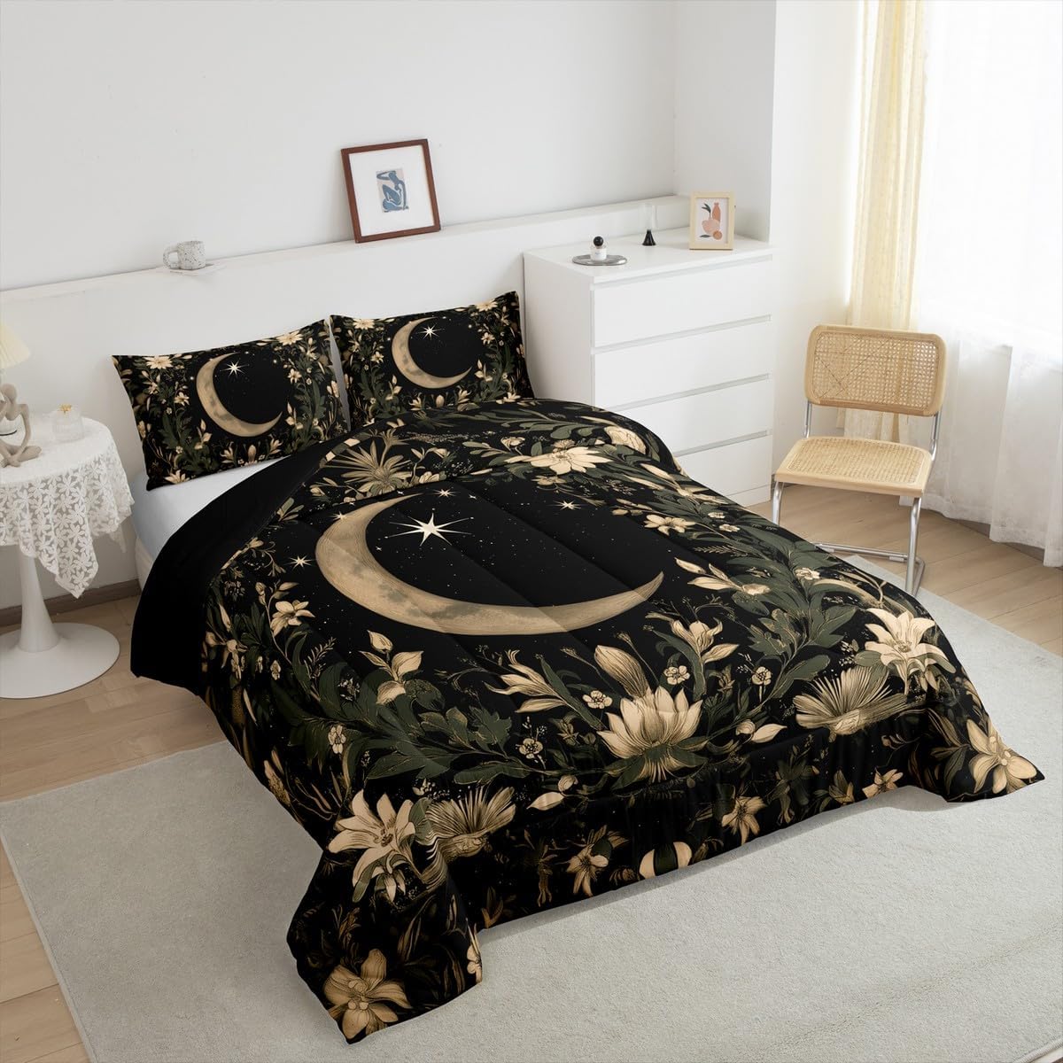 Feelyou Sun and Moon Bedding Set Bohemian Floral Comforter Set Boho Exotic Comforter for Women Men Room Decor Galaxy Floral Duvet Set Toddler Size with 1 Pillow Case
