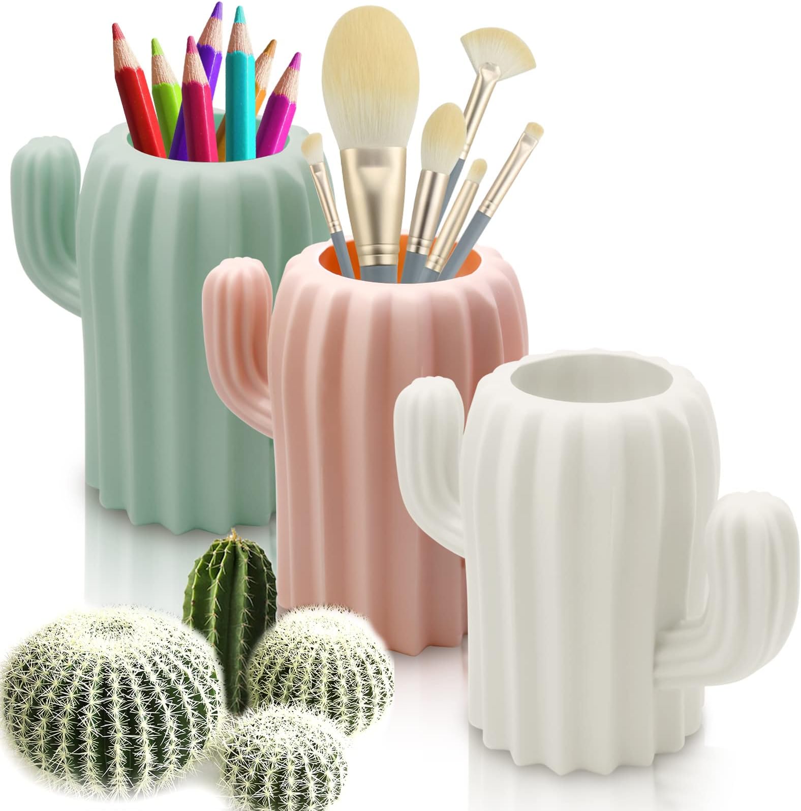 LeonBach3 Pack Cactus Cute Pencil Holders, Pen Cup Cactus Storage Containers Cactus Office Decor Desk Accessories, Pink & White & Green