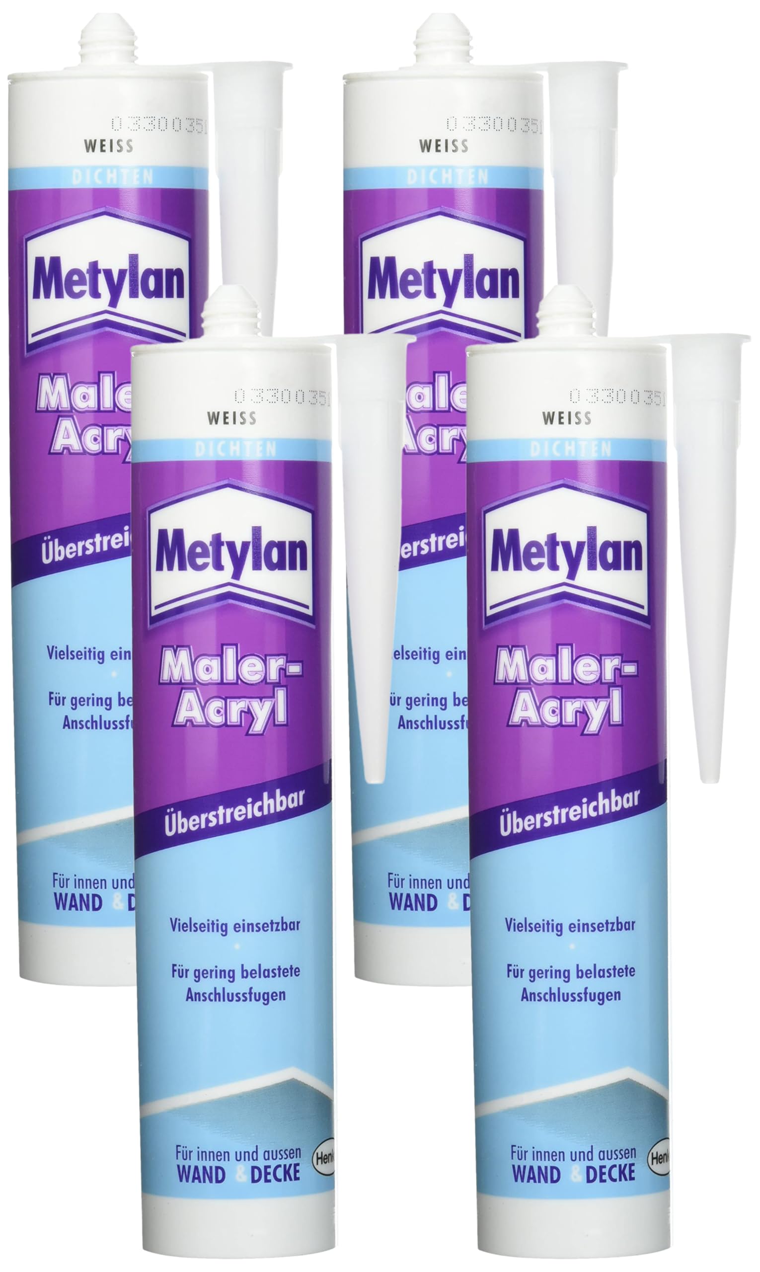 Metylan Maler-Acryl Wand & Decke, für innen und außen, weiß, überstreicbar; 1x300ml (Packung mit 4)
