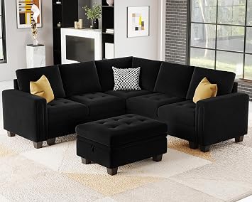 Belffin Velvet Modular Sectional Sofa Convertible L Shaped Couch with Storage Ottoman Sectional Couch with Reversible Chaises Corner Sofa Set Black