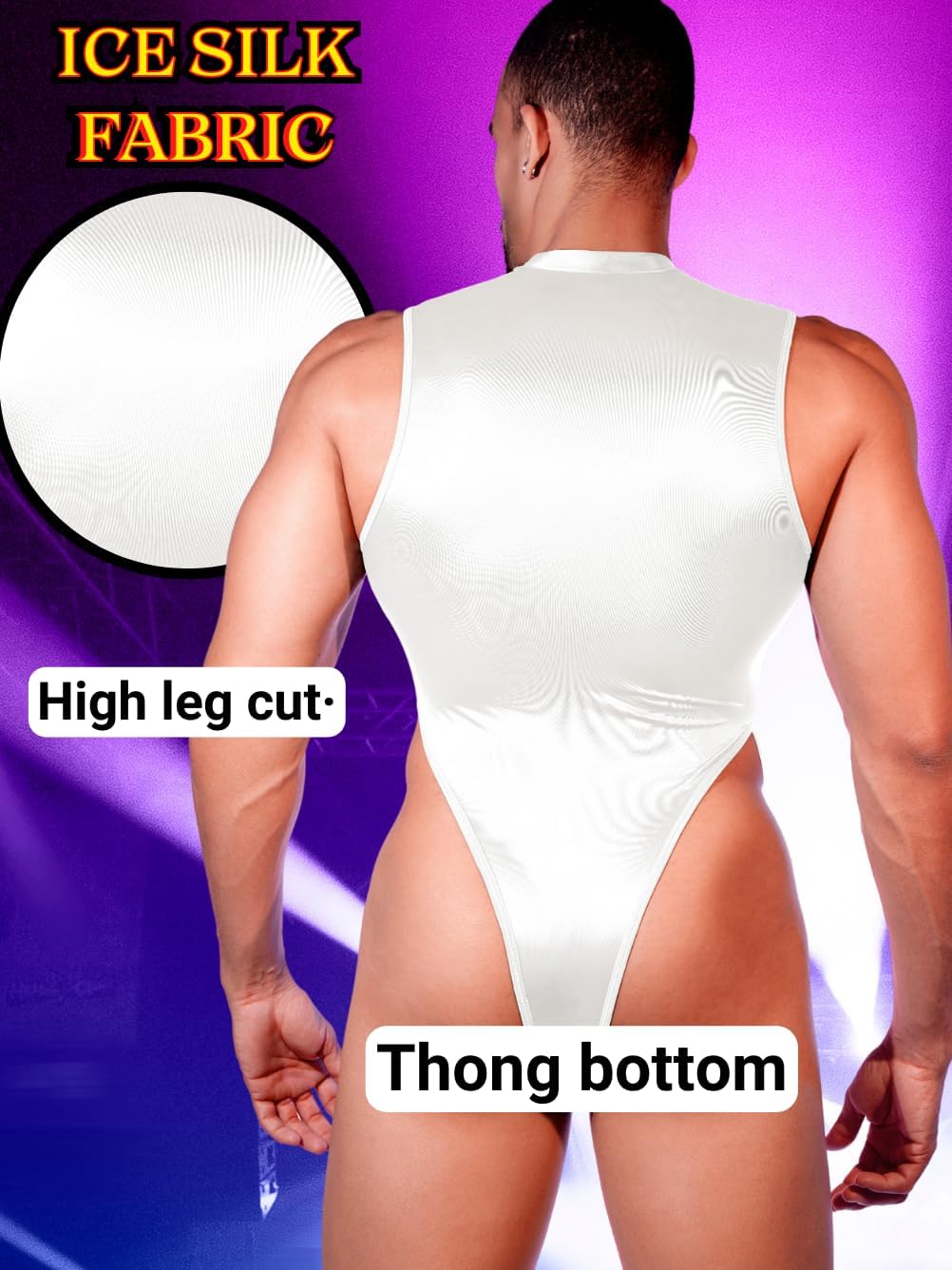 Mens Sexy Lingerie, Hook Crotch Thong High Cut Bodysuit Top Rave Outfit, Glossy Mock Neck Sheer Singlet Muscle Suit - Image 3