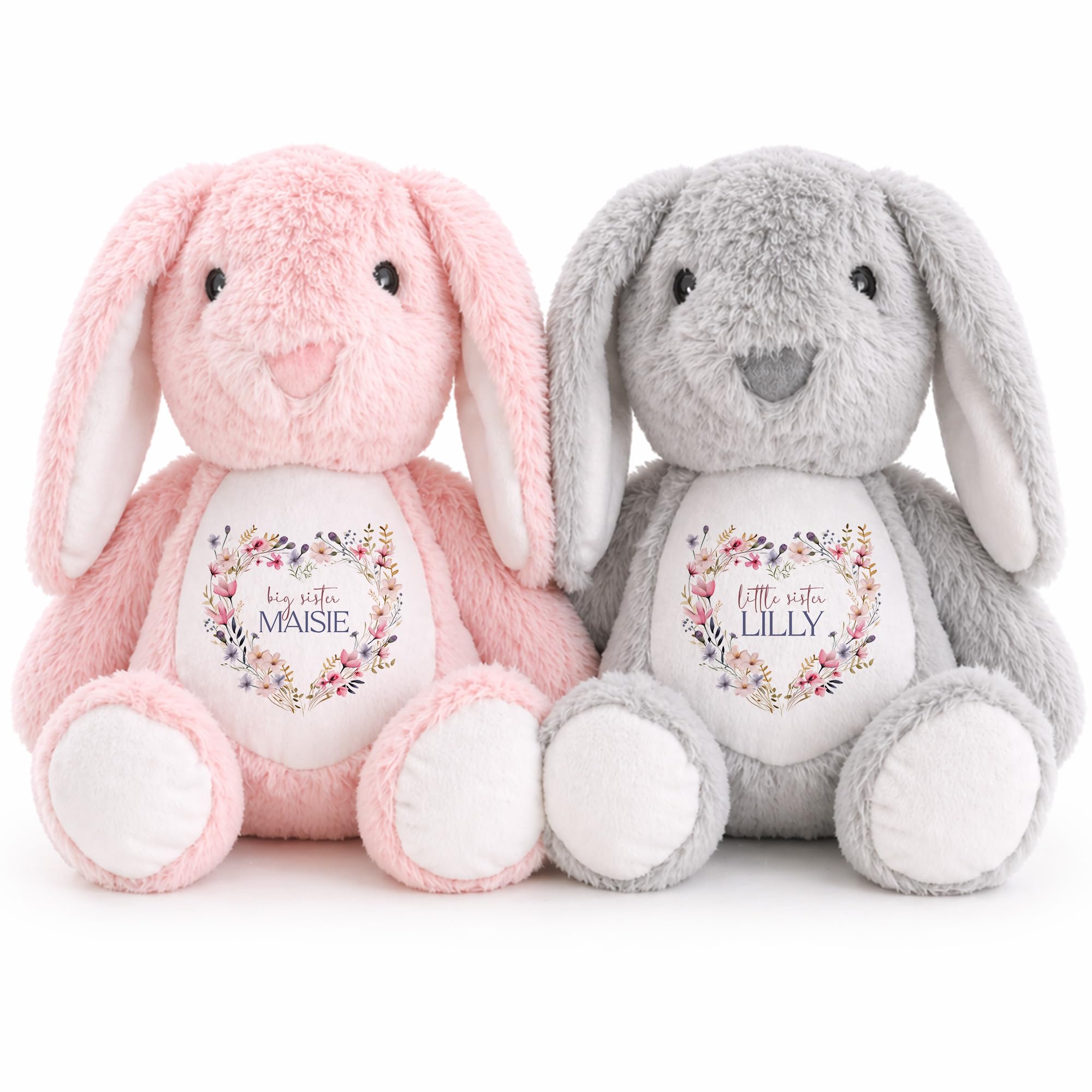 Custom Floral Sister Bunny Plush Toy, Personalised Big Sister or Little Sister Rabbit Gift, Name Keepsake Teddy, Baby Announcement or Sibling Surprise Gift