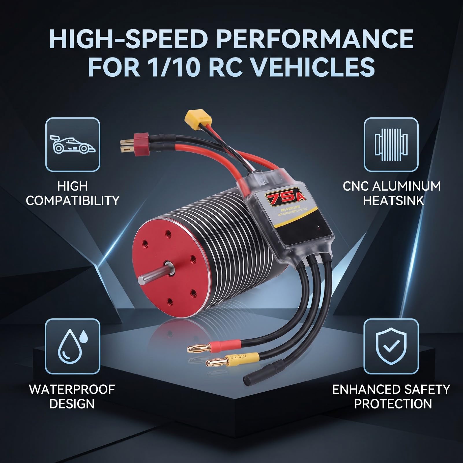 SIXRUN RC-Brushless-Motor-ESC-Combo, CNC-Aluminium-Kühlkörper-Brushless-Motor-ESC-Set, 3600KV 75A für 1/10 RC-Autos und Boote, 2 Bis 3S-Eingang, Überhitzungs- und Überlastschutz