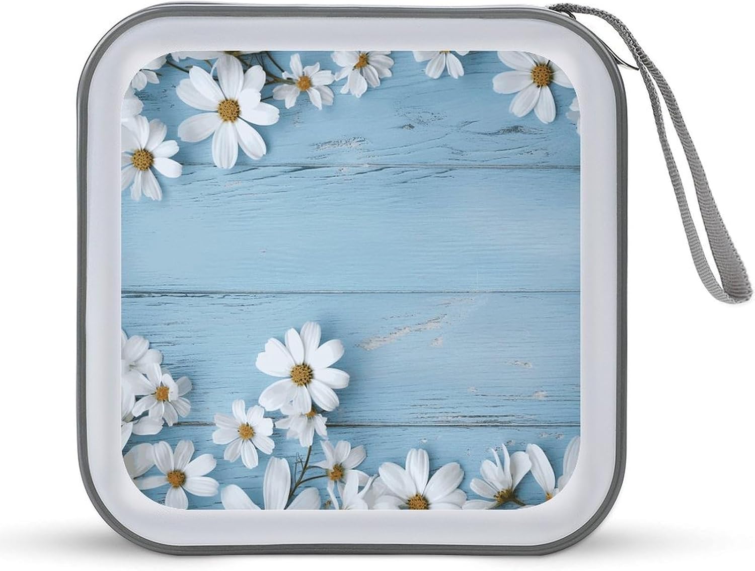 White Flowers Light Blue Wood CD Case 40 Capacity Premium DVD Cases with Zipper DVD Collection Storage Bag Hard Plastic CD Holder Protective Disc Storage Organizer for Car Travel Home
