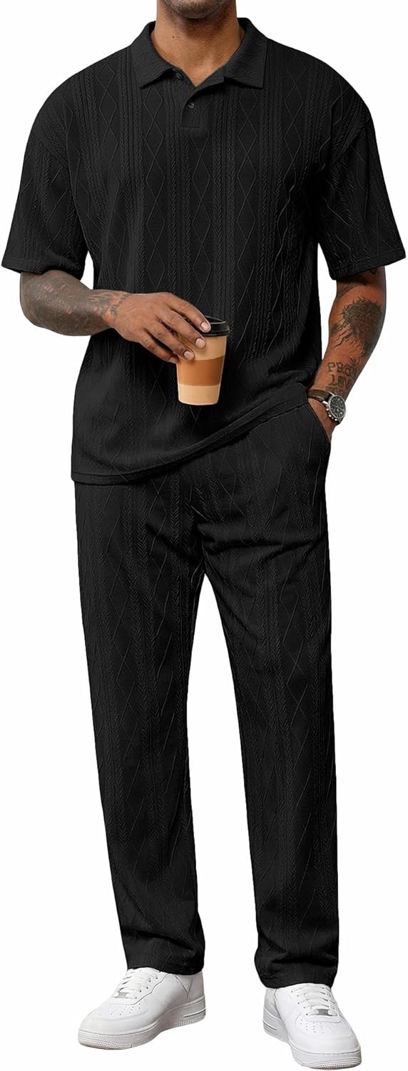 JMIERR Mens Two Piece Outfits Short Sleeve Polo Shirts & Loose Pants Sets Casual Summer Textured Suits