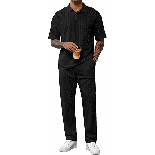 JMIERR Mens Two Piece Outfits Short Sleeve Polo Shirts & Loose Pants Sets Casual Summer Textured Suits
