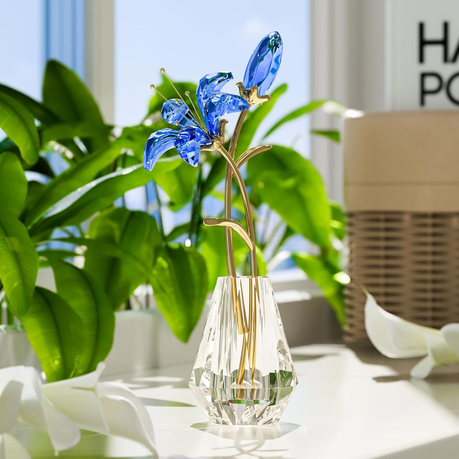 YWHL Crystal Lily Flower Figurine with Vase, Handmade Blue Lily Flower Gifts for Woman, Wedding Gifts for Couple, Home Party Decorations (Blue Lily)