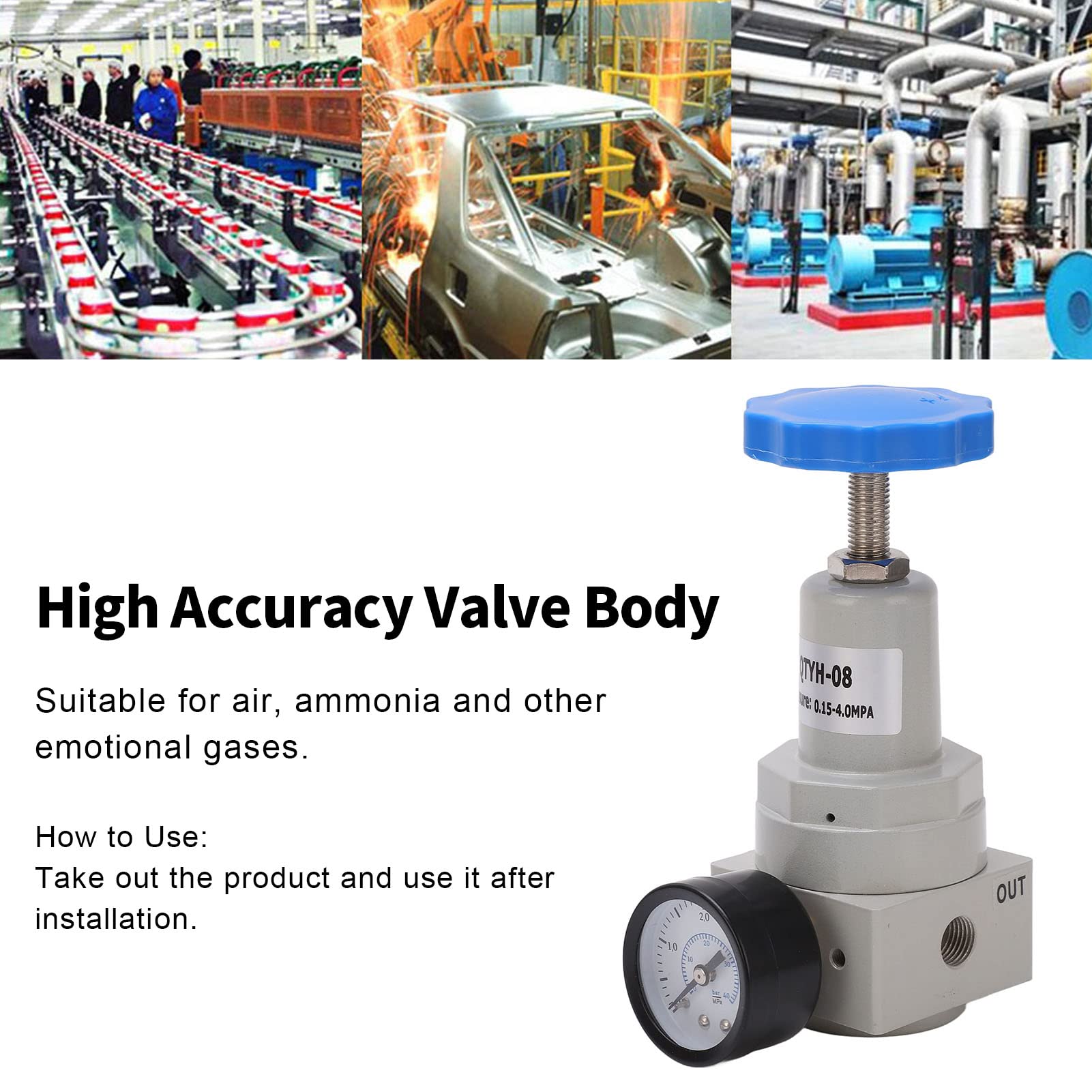 Air Pressure Regulator, Aluminium Pressure Valve with Gauge, Alloy Automatic Relief Valve Controller for Air Compressor (QTYH-10)