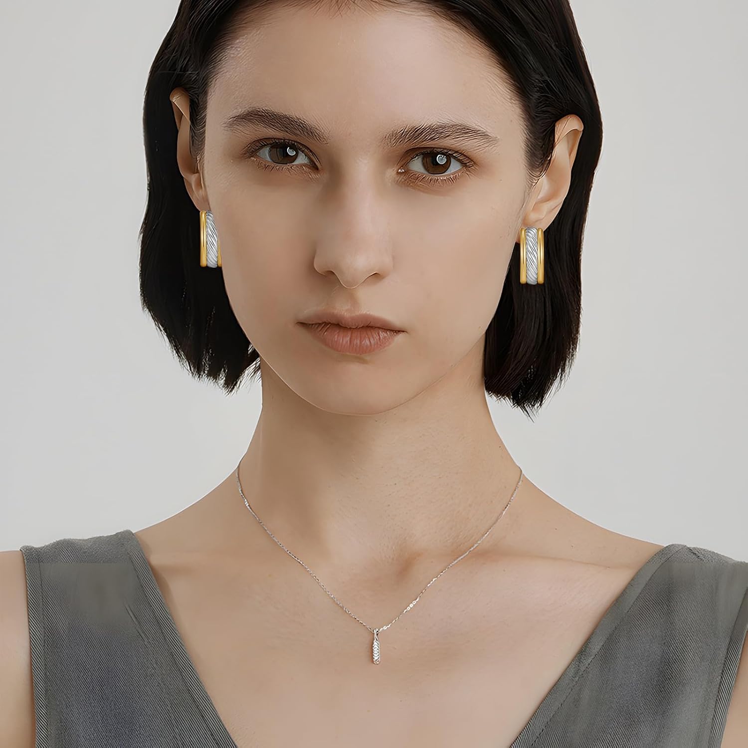 Two Tone Hoop Earrings for Women Silver and Gold Plated Twisted Cable Open C Hoops Chic Hypoallergenic Earring Mixed Metal Jewelry - Image 3