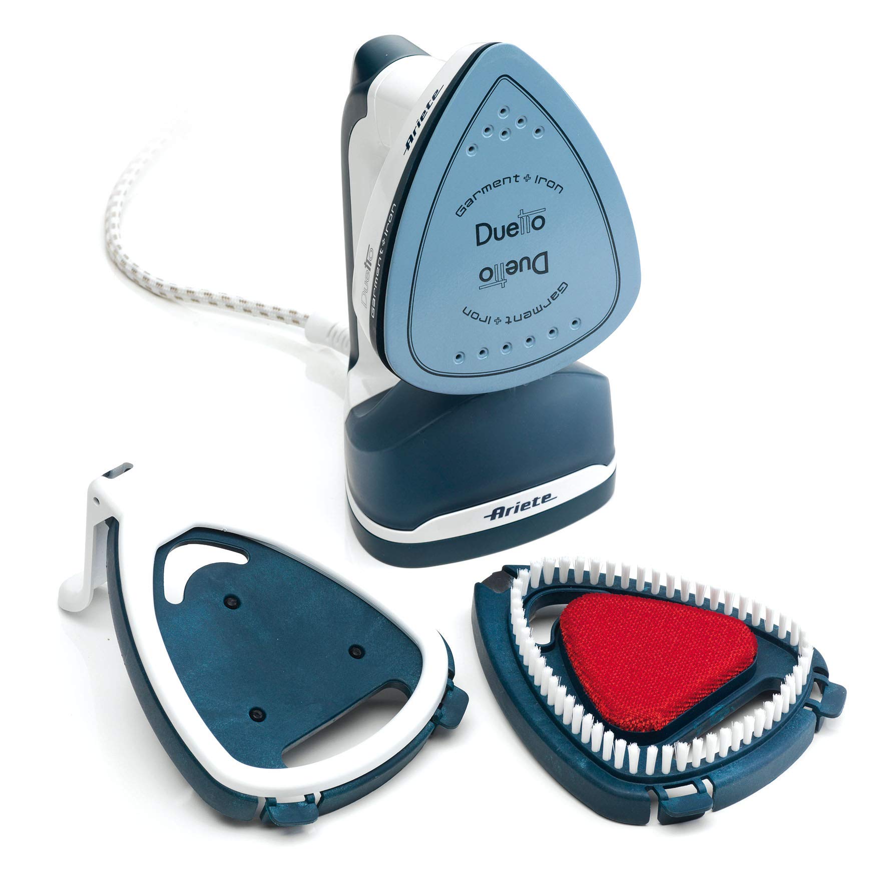 Ariete 6246 Cepillo plancha de vapor 2 en 1, 1000 W, 0.18 litros, suela antidaherente de cerámica, luz led, cable 2.5 min, listo en 60 segundos, blanco y azul