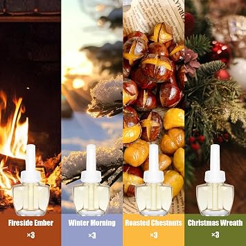 Plug In Refills Air Freshener, Summer Scents with Fireside Ember, Winter Morning, Roasted Chestnuts, Christmas Wreath - 12 Count, 7.92 Fl Oz - Compatible with Air Wick & Glade