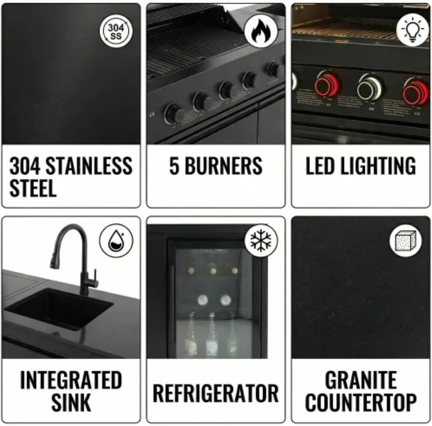 84 Inch Outdoor Kitchen Island, 6 Burner 75300 BTU Deluxe Stainless Steel Gas Grill Bar Island with Stainless steel Sink Wine Cooler Refrigerator, Granite Countertops, Rotisserie kit (Black)