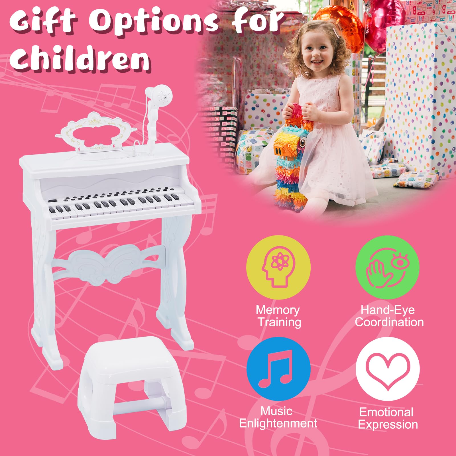 Clavier de Piano pour Enfants, 37 Touches avec Microphone Rotatif à 360 °, Jouets Éducatifs Multifonctions Électroniques Portable