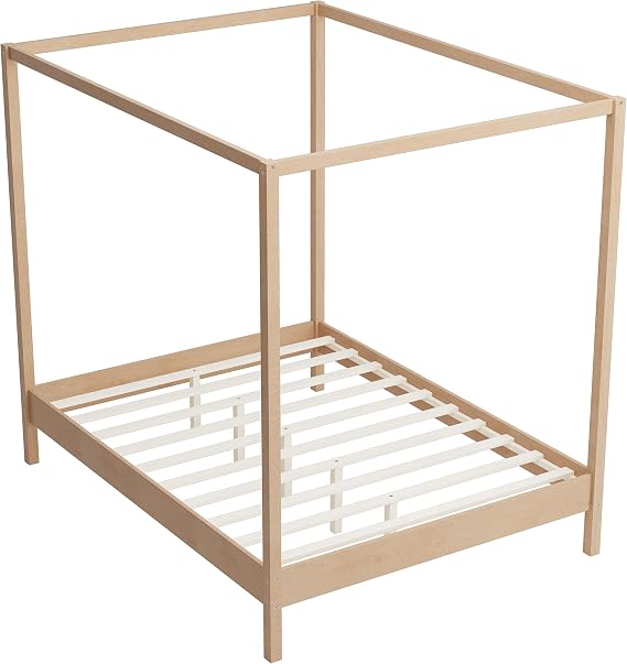 Merax Queen Size Canopy Bed with Four Posters, Wooden Platform Bed Frame & 8.3 Storage Space Under Bed, Solid Wood Slats Support, No Box Spring Needed, Easy Assembly, Natural