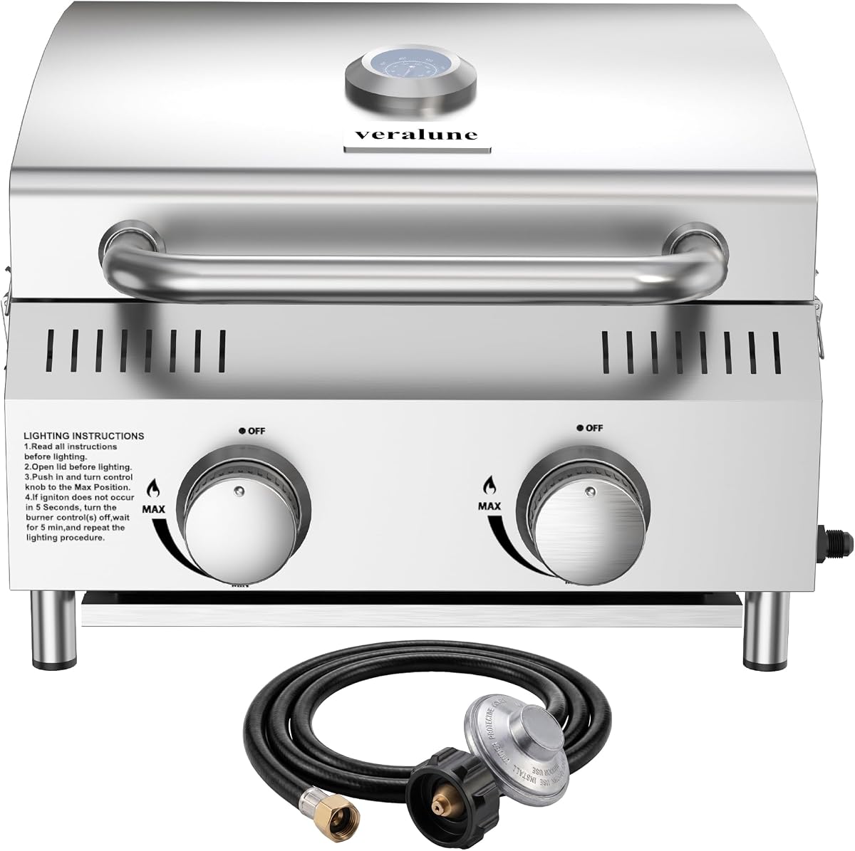 Parrilla de gas de mesa, parrilla de propano pequeña, 22 000 BTU, tapa con cerradura | Parrilla de gas portátil, parrilla de 2 quemadores, acero inoxidable, gran superficie de cocción, termómetro incorporado, para cocinar al aire libre