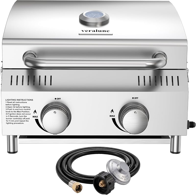 Parrilla de gas de mesa, parrilla de propano pequeña, 22 000 BTU, tapa con cerradura | Parrilla de gas portátil, parrilla de 2 quemadores, acero inoxidable, gran superficie de cocción, termómetro incorporado, para cocinar al aire libre