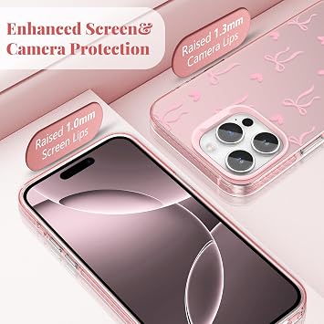 ZTOFERA iPhone 16 Proケース、かわいいピンクリボン蝶ネクタイ惑星星花柄美的電話ケース、トレンディスリムハードIMD耐衝撃保護バンパーフォンカバー、女性、女の子、ハート