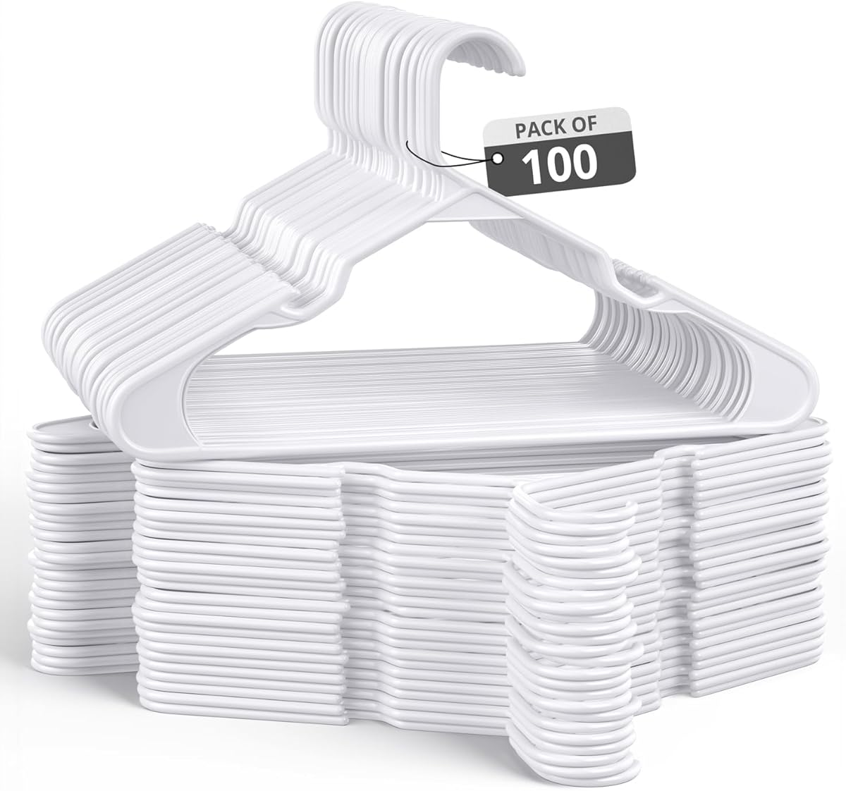100 Pack Adult Plastic Hanger for Shirt Pants Coats Dresses Skirts Suits Jackets - Standard Thick Coat Hanger - Sturdy & Durable Design with Shoulder Grooves Hook - White
