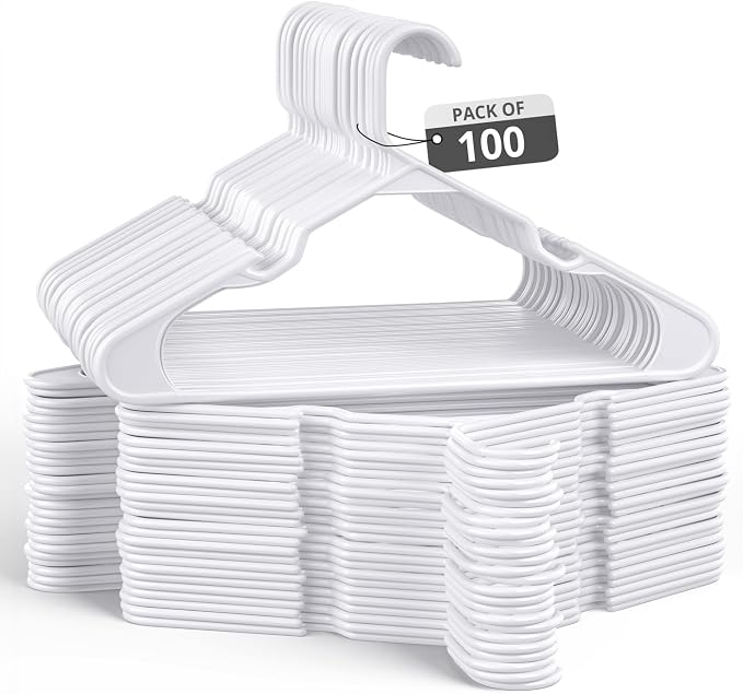 100 Pack Adult Plastic Hanger for Shirt Pants Coats Dresses Skirts Suits Jackets - Standard Thick Coat Hanger - Sturdy & Durable Design with Shoulder Grooves Hook - White