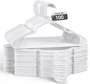 100 Pack Adult Plastic Hanger for Shirt Pants Coats Dresses Skirts Suits Jackets - Standard Thick Coat Hanger - Sturdy & Durable Design with Shoulder Grooves Hook - White