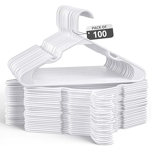 100 Pack Adult Plastic Hanger for Shirt Pants Coats Dresses Skirts Suits Jackets - Standard Thick Coat Hanger - Sturdy & Durable Design with Shoulder Grooves Hook - White