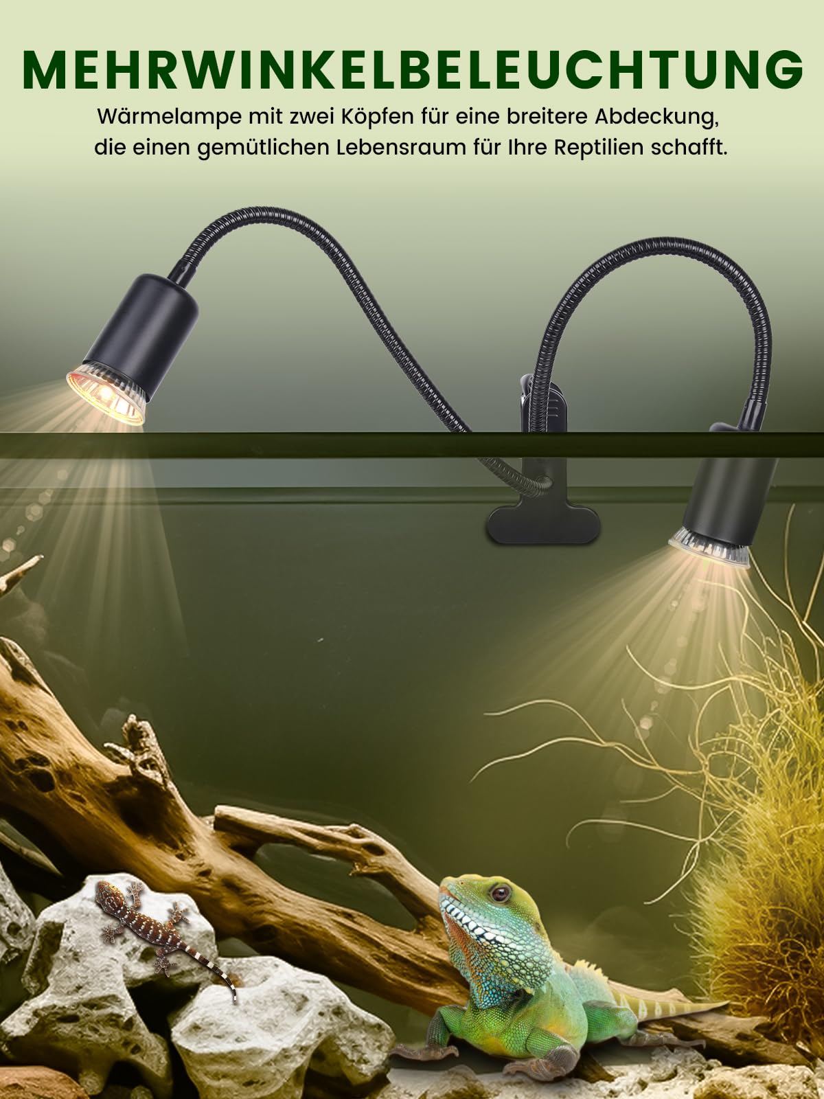 GlowUp Wärmelampe Schildkröten mit Zyklustimer, Doppelkopf Wärmelampe Terrarium mit 2* E27 Basking Spot Glühbirnen, 360° drehbare E27 Terrarium Warmelamp für Schildkröte, Eidechse, Spinne, chlange