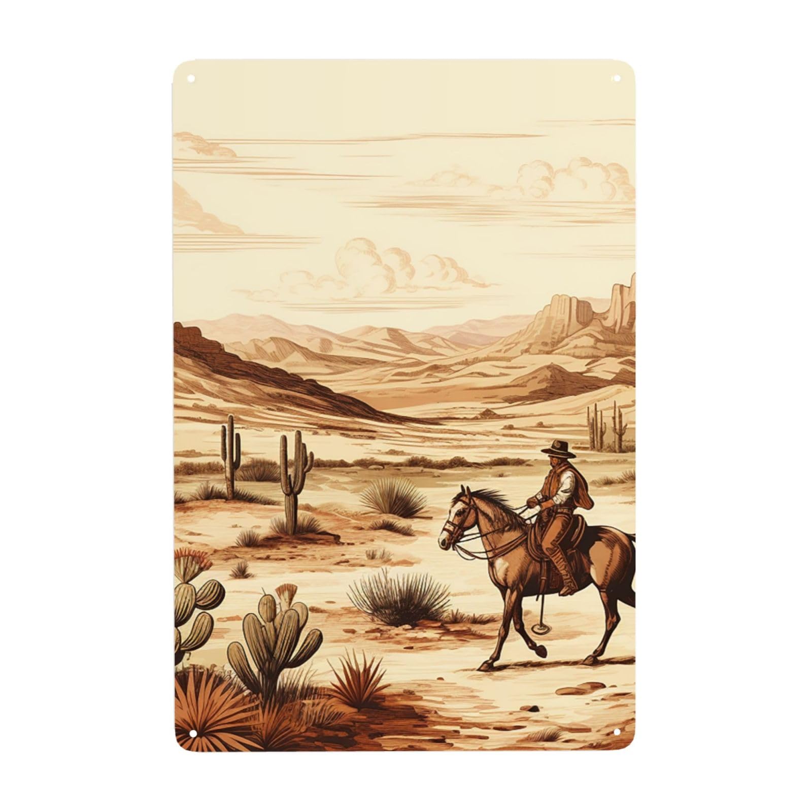 Fodpand White Vintage Tin Signs Metal Retro Wall Art Decor - Wall Hanging Decorative Plaque 8X12 Inch, West Desert Cactus With Cowboys Riding Horses Metal Signs For Home Yoga Cafes, Funny Metal Poster For Gifts