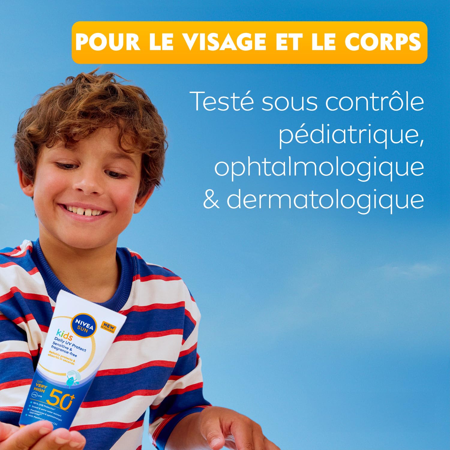 NIVEA SUN Crème Solaire Quotidienne Kids FPS50+ Protection Solaire Enfant Visage et Corps avec Panthénol Vitamines E et C Absorption Rapide Résistante à l'Eau Peaux Sensibles 100 ml