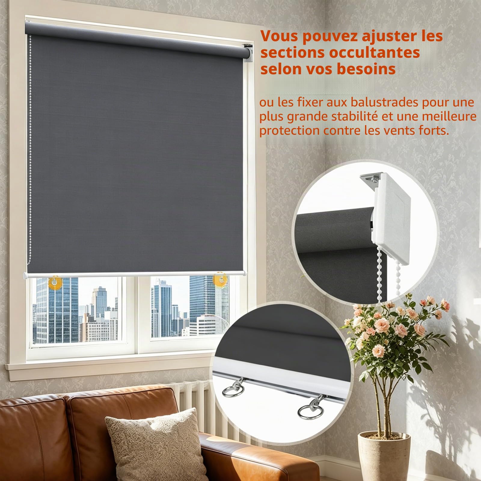 Store Enrouleur Occultant Thermique Isolant 140x240cm, Store Enrouleur Opaque de Protection Protection UV 50+, Stores Extérieur Solaire et Pare-Vue, pour Balcon Terrasse Jardin, Anthracite