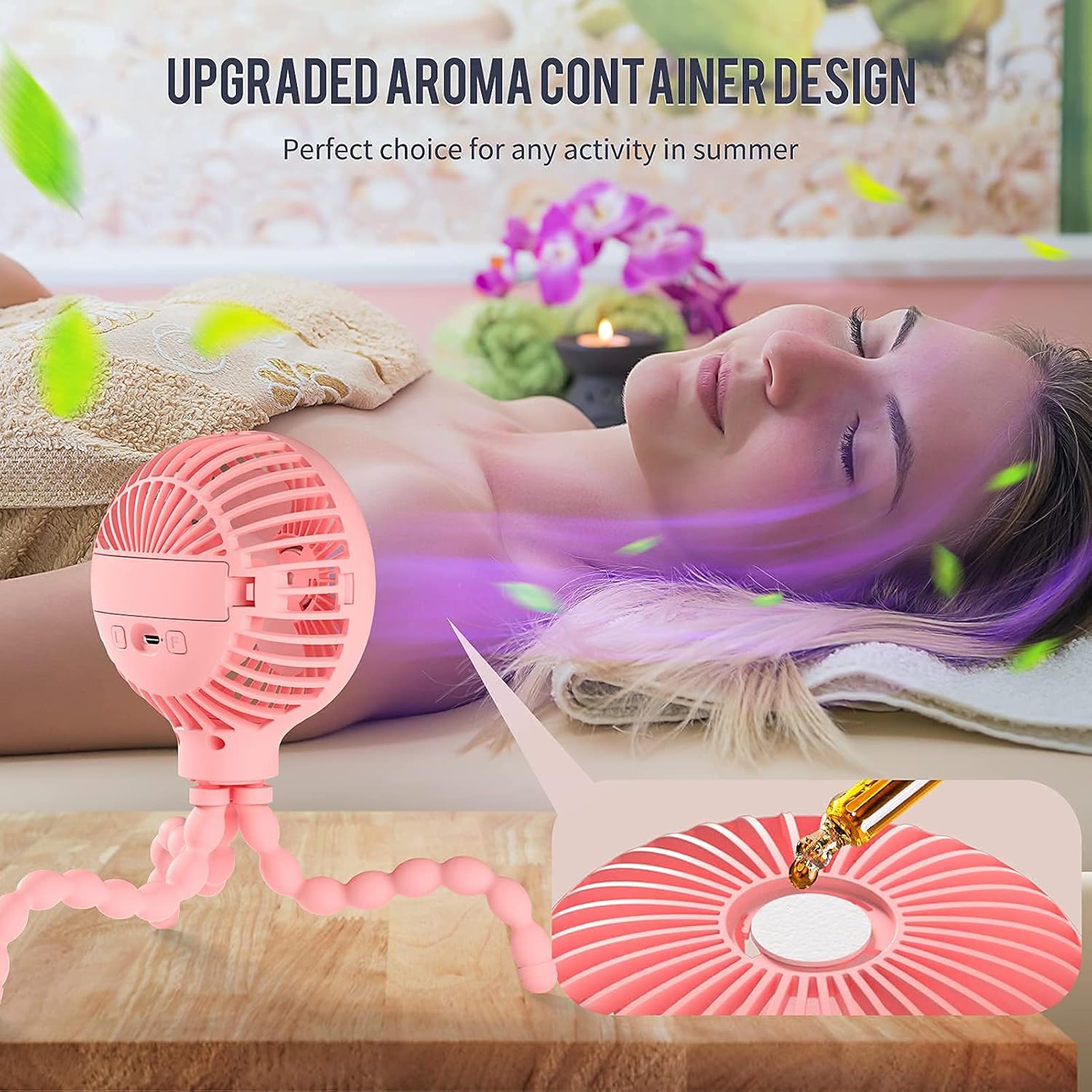 Stroller Fan Upgraded Handheld Personal Fan Battery Operated Mini Portable Fan with LED Light Aromatherapy, Flexible Tripod Clip On Fan with 3 Speeds Versatile Fan for Car Seat Crib Bike Desk (Pink) : Baby
