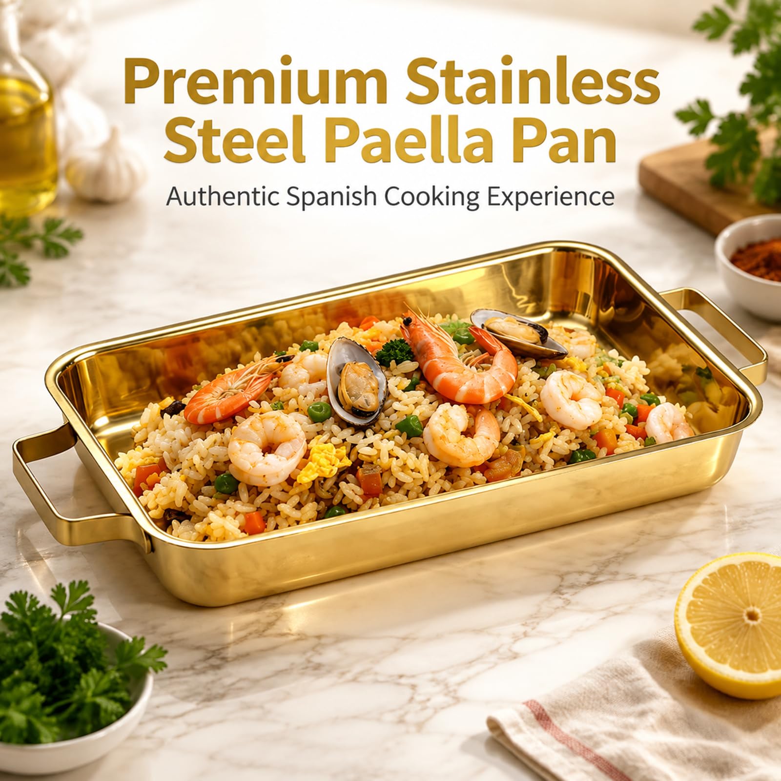 Paellera española de Acero Inoxidable, sartén Rectangular para mariscos con Asas Dobles, Ideal para cocinar Paella en casa, restaurantes o acampadas,Oro,42cm/16.5in