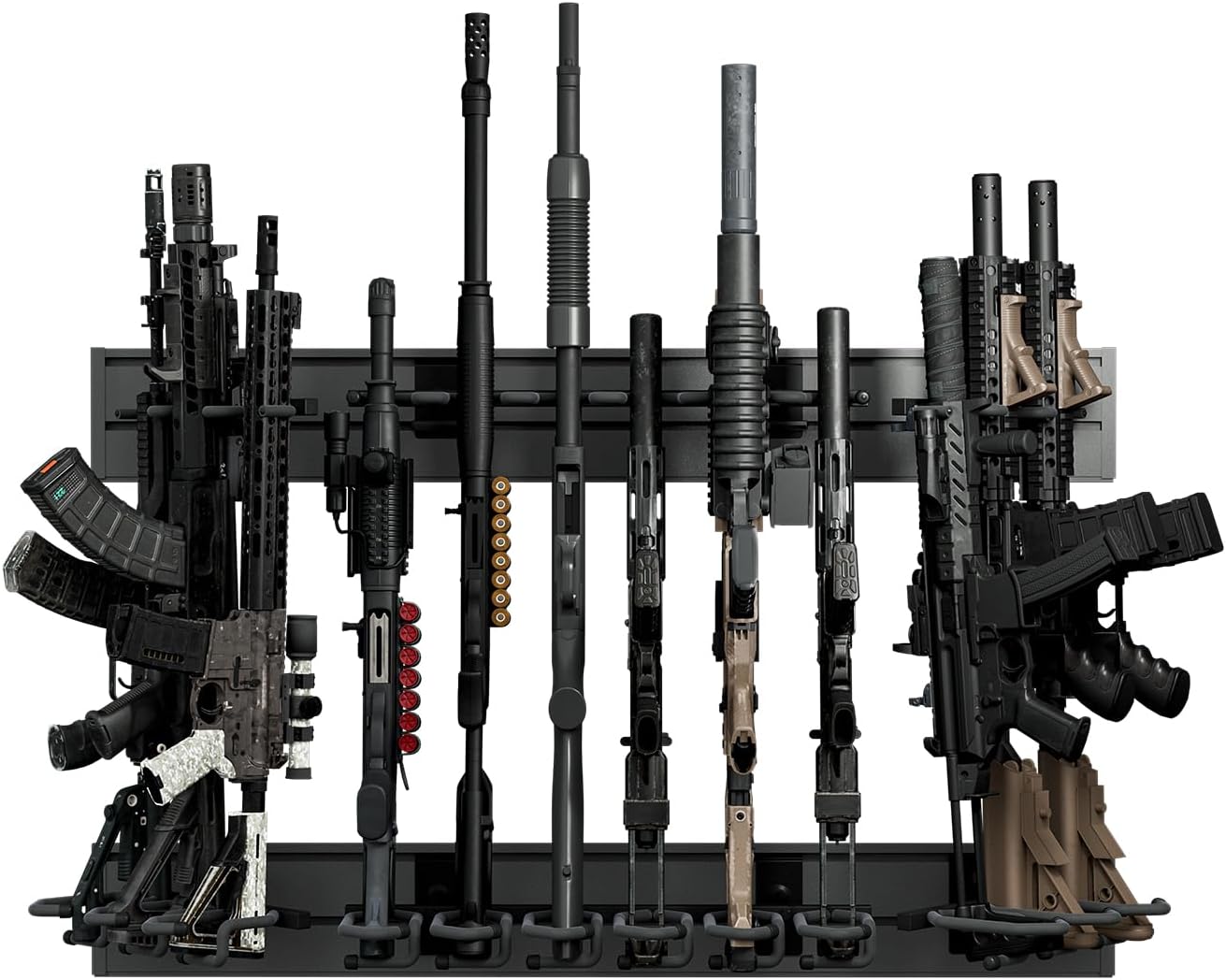 Hold Up Displays Rifle Rack Gun Wall Mount Display, 12 Rifle Holder for Gun Room Organization, Tactical Wall Mount, Slatwall Multi-Angled AR Display and Storage System