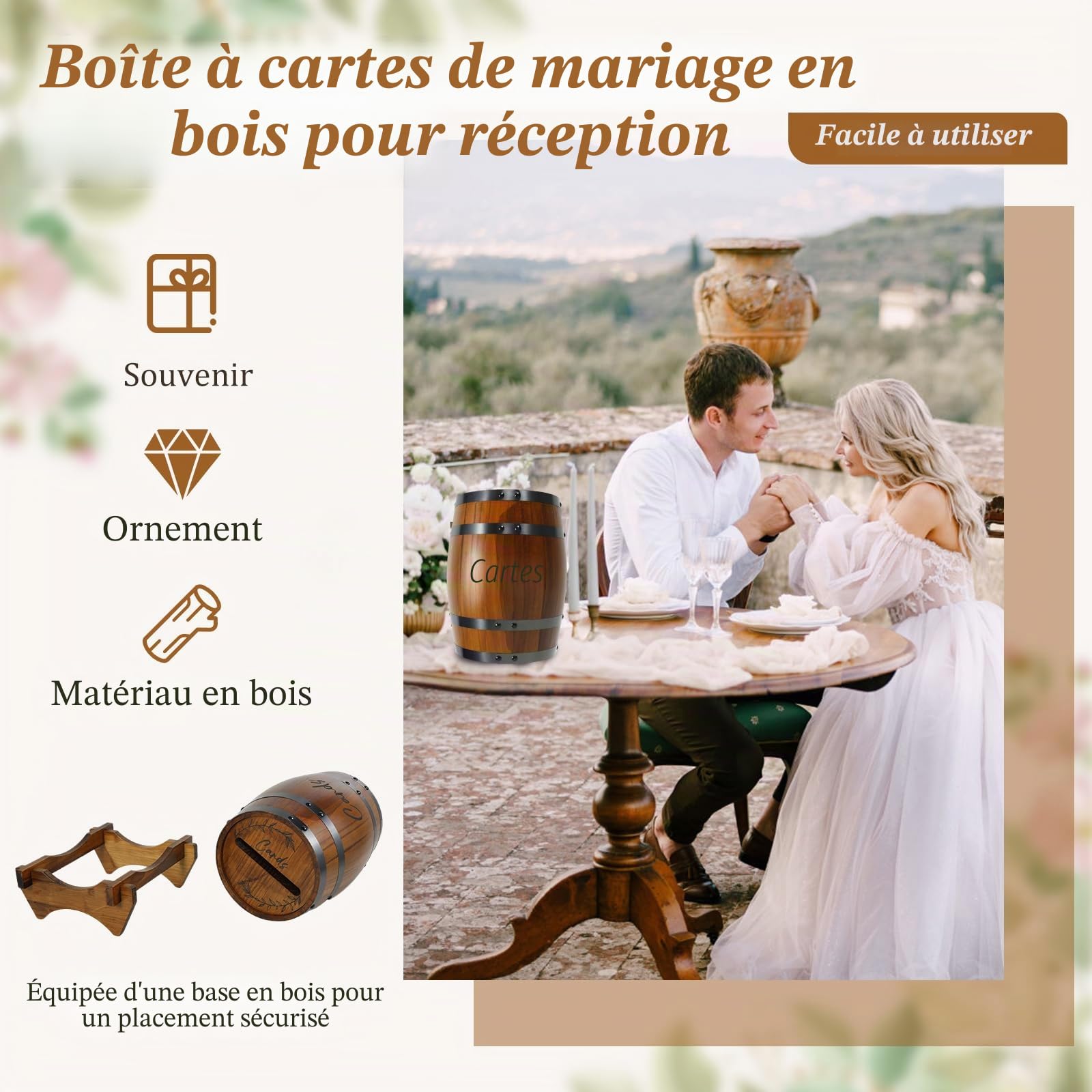 Boîte de rangement en bois pour cartes de mariage en forme de baril de whisky - Housse de rangement pour argent - Housse pour mariage, douche nuptiale, fête d'anniversaire - Décor (brun)