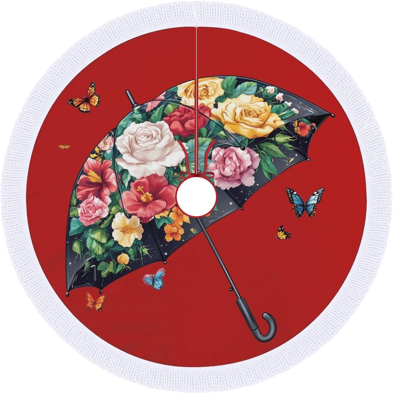 Umbrella No Rain No Flowers Christmas Tree Skirt Round Xmas Tree Mat Ornaments Tree Skirts with Tassels for Holiday Party