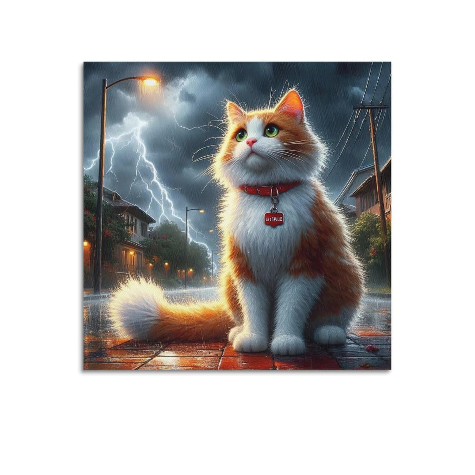WZKTCL Animal Poster Rainy Night Lightning Cat Shadow Poster Decorative Painting Canvas Wall Posters And Art Picture Print Modern Family Bedroom Decor Posters 16x16inch(40x40cm)