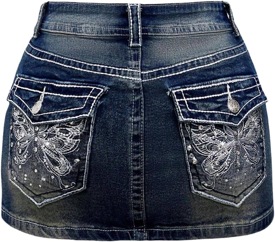 WDIRARA Women's Low Rise Butterfly Embroidery Bodycon Mini Denim Skirt Y2k Jean Skirt