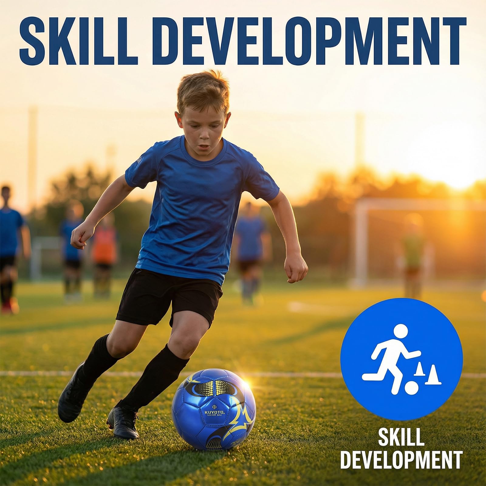 KUYOTQ Kinder-Fußball, Größe 4, blau-goldfarben, glänzendes TPU-Leder, Spiel- und Trainingsball für Kinder und Jugendliche, professionelle Konstruktion für dauerhaften Einsatz im und Außenbereich mit