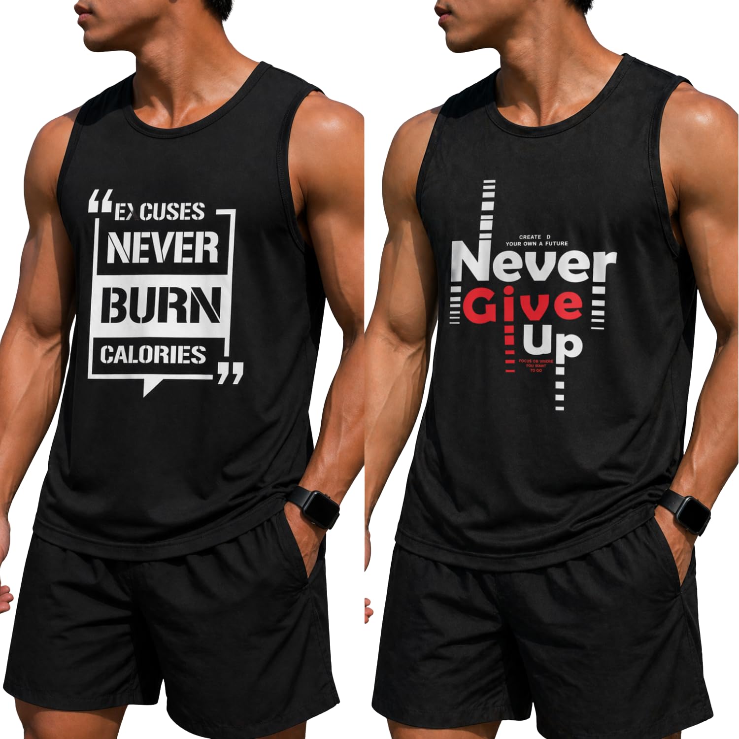 Men's Printed Gym Vest | Stylish Soft Casual Sleeveless Round Neck Combo Gym Vest for Men's|VST-CB2-NVR GIV UP BLK-NVR BRN-BLK-XXL|-image-26