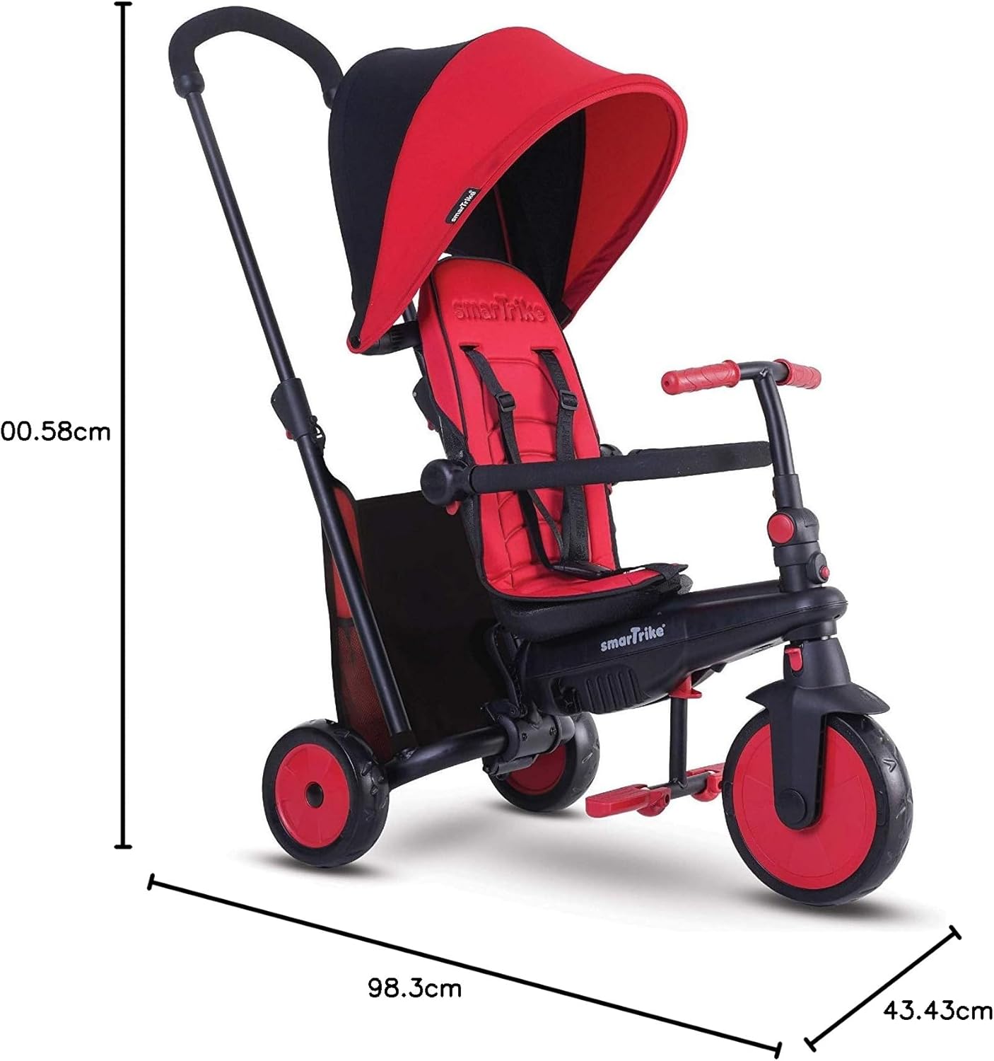 Diagram showing the dimensions of the SmarTrike Smartfold 300 tricycle: 100.58cm height, 98.3cm length, 43.43cm width.