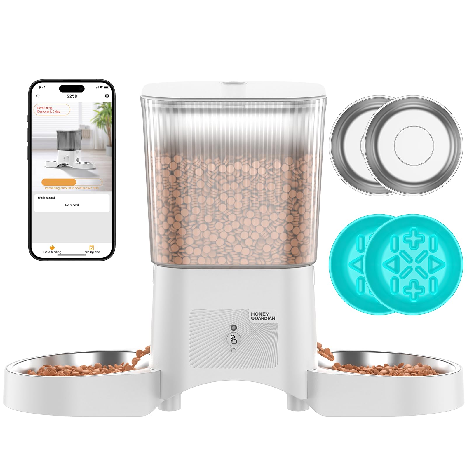 Distributeur Croguettes Chat Automatique Double, HONEYGUARDIAN 5G/2.4G WiFi Gamelle Chat Automatique 4 Bols(Bol INOX +Bol Lente), Distributeur Croquettes Chats/Chien, Opération Facile & Contrôle APP