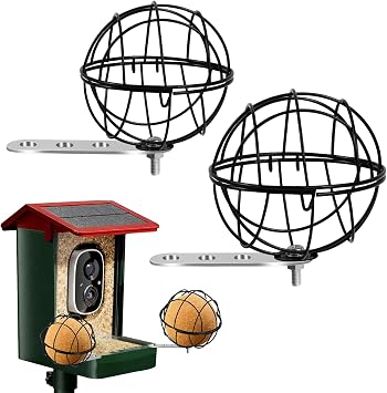 2PCS Metal Suet Ball Holder for Bird Buddy, Bird Suet Ball Cage Durable Bird Feeder Accessories with 5mm Screw Hole and 2 Perch Extender Compatible with Outdoor Smart Feeders Dia 3.15", Dia 2.75"